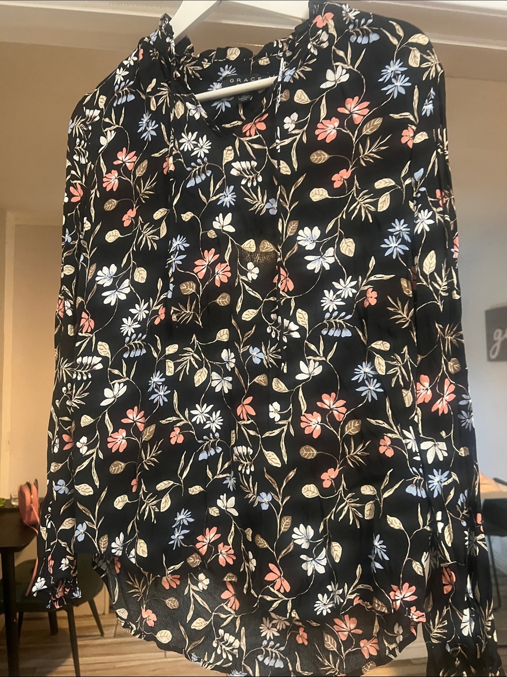 Grace Black Floral Long-Sleeve Peasant Blouse